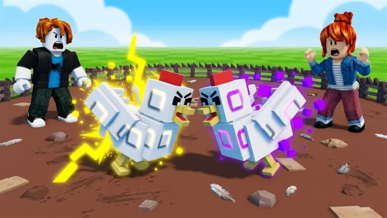 Two powered chickens fighting in the Grow a Chicken Fighter pit